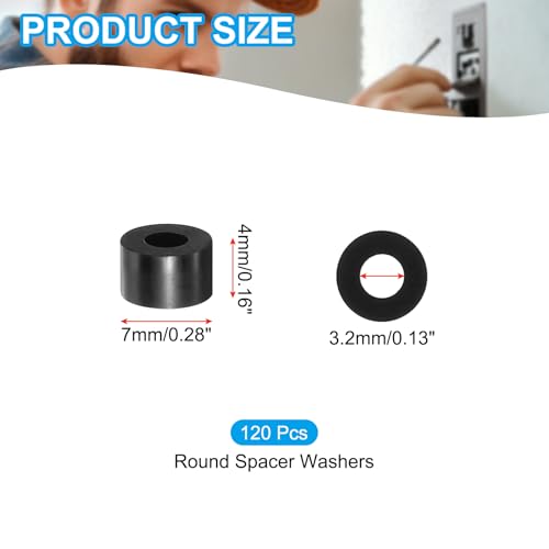 PATIKIL M3 Black ABS ID 3.2mm,OD 7mm,Length 4mm, Nylon Round Spacer Washers, 120Pcs Plastic Standoff Rubber Nut Unthreaded for M3 Screws Electrical Outlet Switch Receptacle - size: 3.2mm x 7mm x 4mm