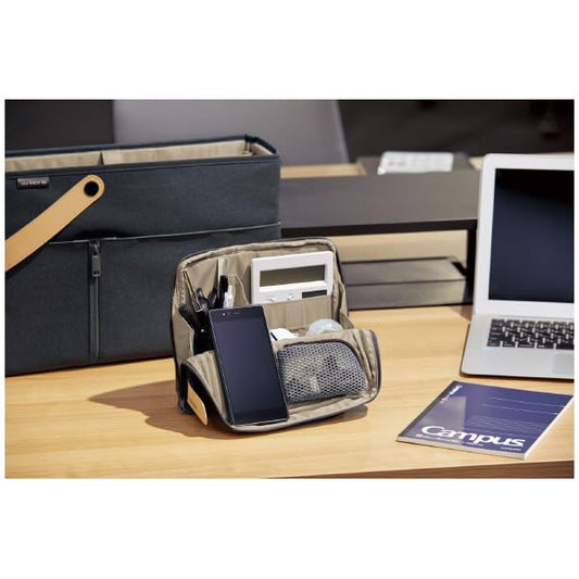 KOKUYO Pencil Case Pouch, Haco-Biz Standing Pen Pouch Bag, Foldable Stand up Pencil Holder Organizer, Large Capacity Portable Pencil Box for Office Supplies, Navy x Khaki (KAHA-HB11B) - color: Navy x Khaki