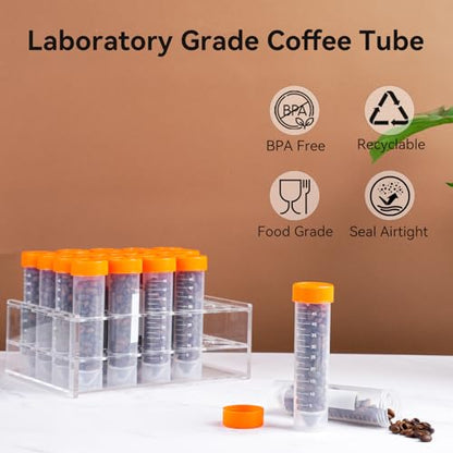 20Pcs Single Dose Coffee Bean Storage Tubes with Stand & Hopper - Plastic Airtight Coffee Bean Cellar, Espresso Coffee Dosing Vials with Scales and Write Marks for Ground Coffee Spices Loose Tea, 17g