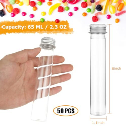50 Pack 65ML Plastic Test Tubes with Screw Caps Plastic Candy Tubes Clear Bath Salt Tubes Gumball Tubes Container Vials for Candy Bath Salts Spices Party Favors - color: clear