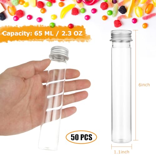 50 Pack 65ML Plastic Test Tubes with Screw Caps Plastic Candy Tubes Clear Bath Salt Tubes Gumball Tubes Container Vials for Candy Bath Salts Spices Party Favors - color: clear