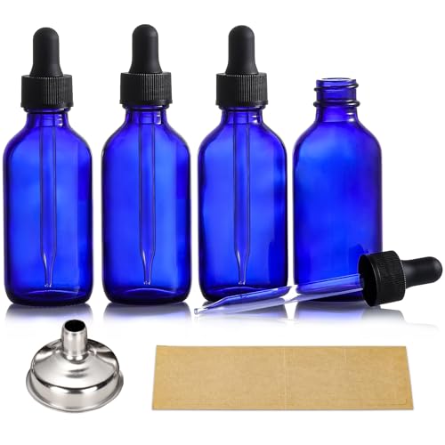AOZITA 4 Pack, 2 oz Dropper Bottles with 1 Funnel & 4 Labels - 60ml Thick Dark Blue Glass Tincture Bottles with Eye Droppers - Leakproof Essential Oils Bottle for Health, Personal Care & Beauty - color: Blue with Eye Droppers