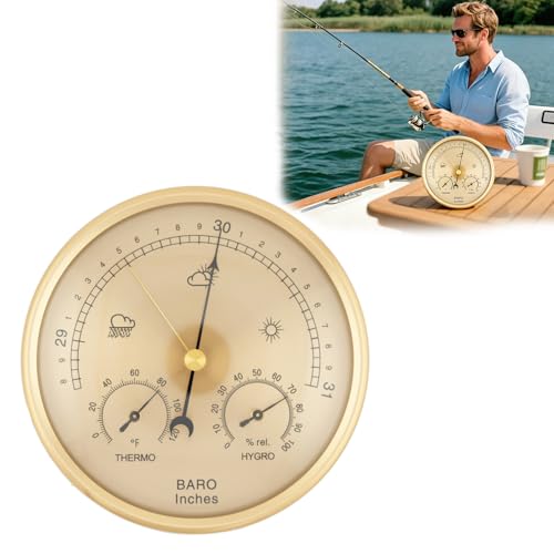 3-in-1 Wall Mount Weather Station, Analog Thermometer Barometer Hygrometer, Precise Fahrenheit Readings, All Season Monitor for Home Garden Office Indoor Outdoor Use- Golden