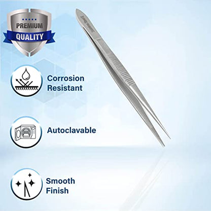 Stainless Steel High Precision Forceps with Fine Strong Straight Serrated Point to use Engineer Labware for Scientific Use (4.5 Inch) - size: 4.5 Inch