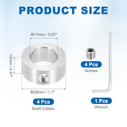 MECCANIXITY 4 Pcs Shaft Collars, 17mm Bore Solid Stainless Steel Set 1 Screw Shaft Collar 28mm OD 12mm Thickness for Motor Garden Cart Pulley Machinery and Industrial Use - size: 17mm ID 28mm OD 12mm H with 1 Screw
