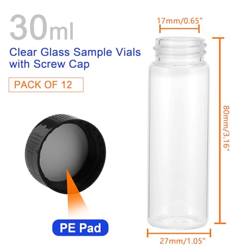 Kesell 30ml Clear Glass Vials, 12-Pack Sample Bottles with Screw Caps - size: 30 ml-12pcs