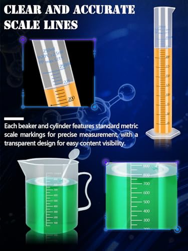 Artcome Plastic Graduated Cylinders and Beakers with 5 Pipettes, 10/25/50/100/250ml Cylinders, 10/25/50/100/150/250/500/1000ml Beakers, 5 Stirring Rods – Ideal for Science Lab, DIY, Halloween Decor