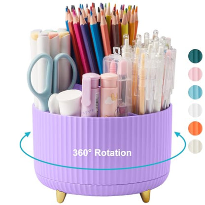 360 Rotating Plastic Desk Pen Organizer with 5 Slots, Dual-Purpose Art Supply Pencil Cup for Office, School, Home Light Purple - color: Light Purple