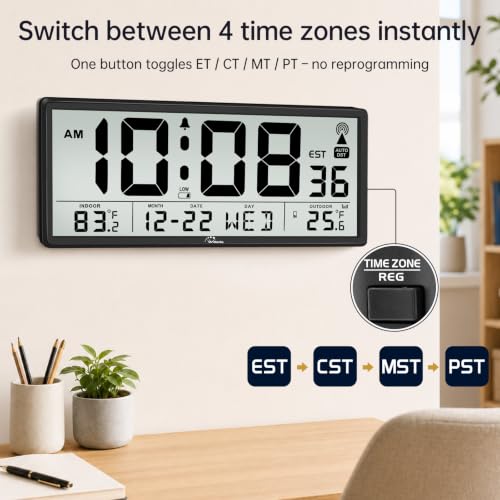 WallarGe Backlight Atomic Wall Clock Battery Operated, Indoor/Outdoor Temp - color: Black