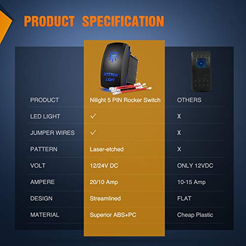 Nilight 90002B Interior Light Rocker Switch LED Light Bar 5Pin Laser On/Off LED Light 20A/12V 10A/24V Switch Jumper Wires Set for Jeep Boat Trucks - size: INTERIOR LIGHT