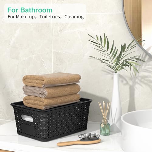 8 Pack Plastic Storage Baskets,Black Stackable Bins with Lid - color: Black
