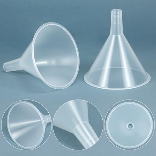 QWORK Plastic Funnels with Long Spout, 6 Pack 4.6 inch Clear Wide-Mouth Bottle Filling Set, Stackable Space-Saving for Water, Juice, Paint, Science Lab, Kitchen, Travel