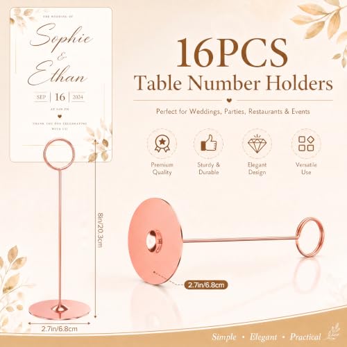 Urban Deco 16 Pieces Table Card Holder 8 inches Table Number Holders Place Steel Card Holders for Photos, Food Signs, Memo Notes, Weddings, Restaurants, Birthdays (Rosegold) - color: Rosegold