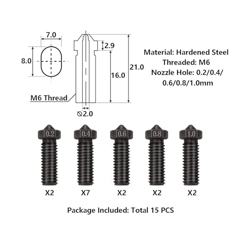 15PCS Hardened Nozzles Kit for Anycubic Vyper, 3D Printer 7PCS 0.4mm Nozzles and 2PCS 0.2mm, 0.6mm, 0.8mm Wear Resistance Nozzles Kit for Anycubic Vyper, Kobra Plus, Kobra Max - style: Vyper Harden Steel Multi Size