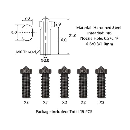 15PCS Hardened Nozzles Kit for Anycubic Vyper, 3D Printer 7PCS 0.4mm Nozzles and 2PCS 0.2mm, 0.6mm, 0.8mm Wear Resistance Nozzles Kit for Anycubic Vyper, Kobra Plus, Kobra Max - style: Vyper Harden Steel Multi Size