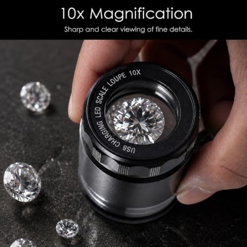 10X Rechargeable Jewelers Loupe Magnifier with LED Lights and 3 Reticle Scales, 25 mm Field of View, Adjustable Focus LED Scale Loupe Jewelry Magnifying Glass for Gems, Coins, Watch, Stamps, Plants - color: 3 Glass Reticle Scale