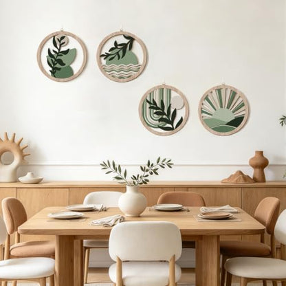 Abstract Mid Century Boho Green Botanical Wall Decor‑4 Pieces 10''x10'' - color: Farmhouse geometric