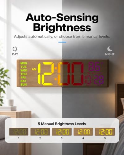 HAITANG 16.2" Wood Digital Wall Clock, 8 Colors, Remote & Night Light - color: Wood