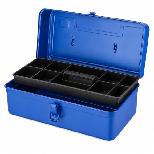 14.2 Inch Portable Metal Tool Box with Removable Tray, Blue - color: Blue
