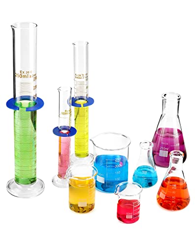 QWORK Lab Glassware Set, Beaker Flask Cylinder Set, 9 Pieces - Includes 3 Erlenmeyer Flasks, 3 Beakers, & 3 Grade A Graduated Cylinders - Borosilicate 3.3 Glass