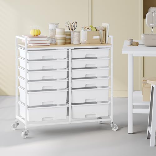 TOOLF 12 Drawers Rolling Storage Cart with Wooden Top for Classroom,White - color: White