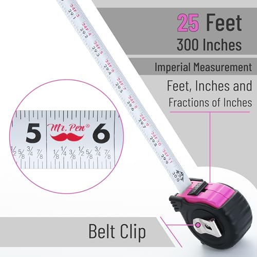 Mr. Pen- Retractable Tape Measure 25 ft, Pink, Easy Read - color: Pink, size: 1 pcs