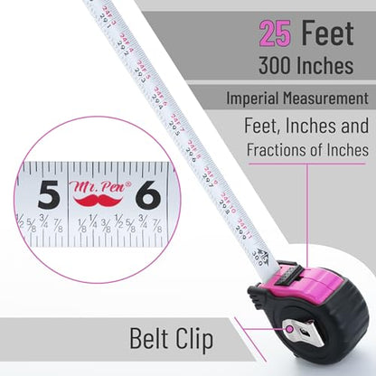 Mr. Pen- Retractable Tape Measure 25 ft, Pink, Easy Read - color: Pink, size: 1 pcs