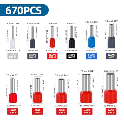 Wire Ferrules 11 Sizes Wire Ferrule Kit - style: 22-2AWG 670P