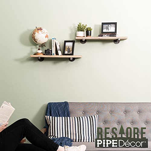 Industrial Pipe Wooden Shelves Restore by Pipe DÉCOR Premium Douglas Fir Wood Shelving 24 Inch Length Set of 2 Boards and 4 Straight Brackets Autumn Brown Finish - color: Autumn Brown, size: 24 Inch