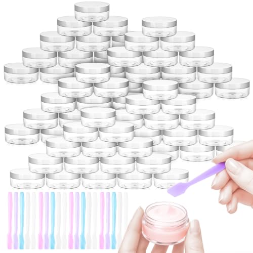 48PCS 10g Empty Clear Containers with Lids,Refillable Makeup Sample Containers, Small Sample Pot Jars Travel Makeup Container with Mini Spatulas for Liquid Powder Creams Lotions,White Lid - color: White, size: 10g