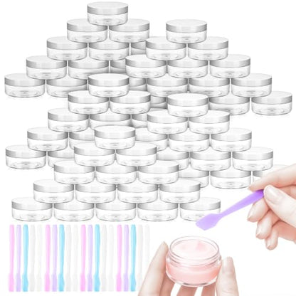 48PCS 10g Empty Clear Containers with Lids,Refillable Makeup Sample Containers, Small Sample Pot Jars Travel Makeup Container with Mini Spatulas for Liquid Powder Creams Lotions,White Lid - color: White, size: 10g