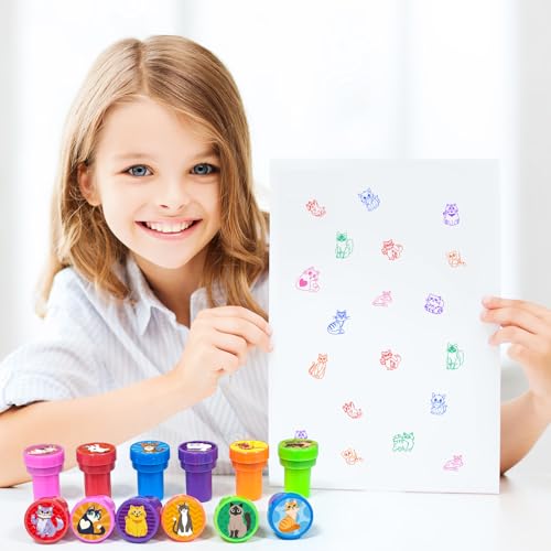 Cinrobiye 24 Pcs Cat Stampers Party Favor Set, Cute Kitty Stamps for Kids Birthday Party, Classroom Rewards, Carnival Prizes, Goody Bag Fillers, Cat Lover Party Supplies - color: Cat