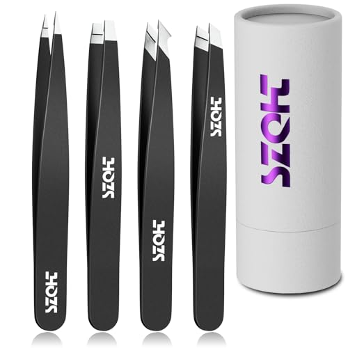 Professional Tweezers Set for Eyebrows – 4PC Precision Stainless Steel Tweezers Kit with Slant, Pointed & Flat Tips – Eyebrow Hair Removal Tool for Women & Men – Eco-Friendly Paper Tube Packaging - color: Black
