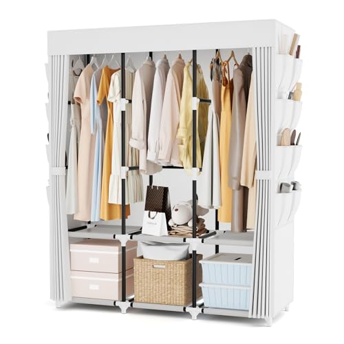 Portable Closet with Cover, 3 Hanging Rods and Side Pocket, Sturdy Free Standing Closet, White - color: White, size: 3 Row - 49.2'' Wide