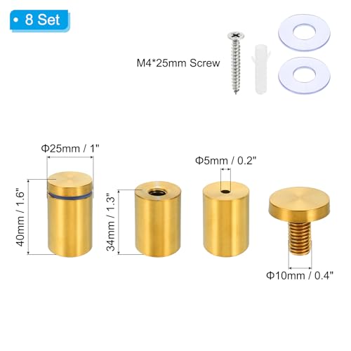 PATIKIL 1 x 1.6 Inch Sign Standoff Screws, 8 Set Stainless Steel Wall Standoff Mounting Hardware Advertising Glass Nail for Hanging Acrylic Picture Frame Acrylic Panel, Gold - color: Gold, size: 1 x 1.6 Inch