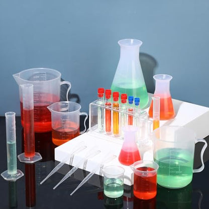 Baderke 28 Pcs Plastic Beakers Test Tubes with Graduated Cylinder Flask