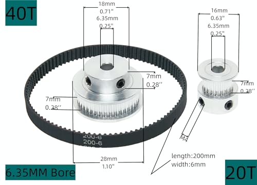 2PCS Set 2GT Aluminum Timing Pulley 20&40 Teeth 6.35mm Bore Synchronous Wheel with 2PCS Length 200mm Width 6mm Belt (20-40T-6.35B-6) - size: 6.35MM Bore, style: 20-40T-6.35B-6MM