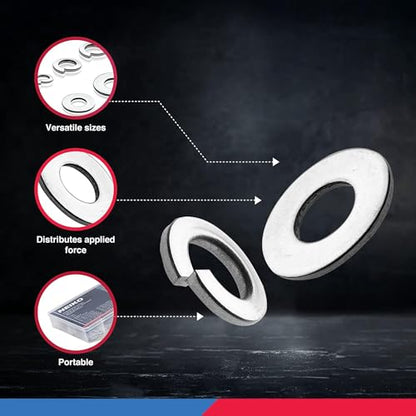 NEIKO 50400A Stainless Steel Lock and Flat Washer Assortment | 350 Piece Set | 12 Different Sizes in Spring Lock and Flat Design | Prevent Loose Fasteners - style: Washer