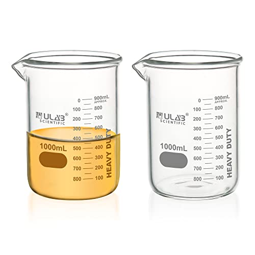 ULAB Heavy Duty Glass Beakers, 2pcs of Vol.1000ml(33.8oz), Borosilicate 3.3 Glass, Thick Wall Beakers, with Double Scale, Superior Durability & Chemical Resistance, UBG1065 - style: 2pcs of Vol.1000ml