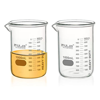 ULAB Heavy Duty Glass Beakers, 2pcs of Vol.1000ml(33.8oz), Borosilicate 3.3 Glass, Thick Wall Beakers, with Double Scale, Superior Durability & Chemical Resistance, UBG1065 - style: 2pcs of Vol.1000ml