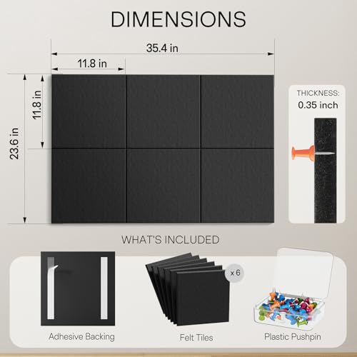 MaxGear Felt Bulletin Board 36" x 24", Black Felt Wall Tiles Push Pins - color: Black, size: 36" x 24"