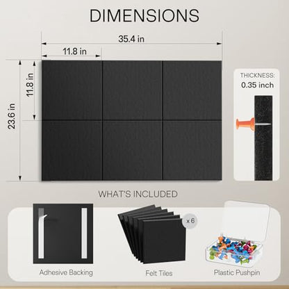 MaxGear Felt Bulletin Board 36" x 24", Black Felt Wall Tiles Push Pins - color: Black, size: 36" x 24"