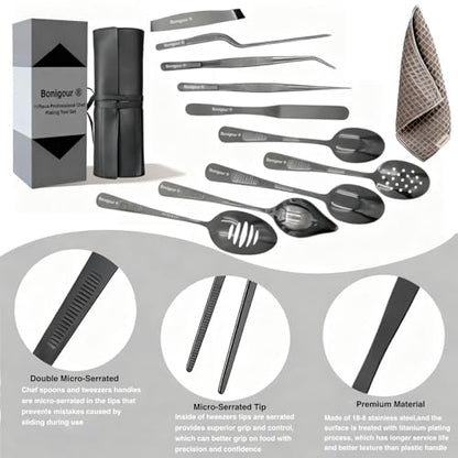 | Plating Tools Culinary Set | 11 Piece Professional Chef Plating Tools Pro Kit | Kitchen Plating Utensils | Modernist Cuisine Food Art | Stainless Steel | Black (Black) - color: Black