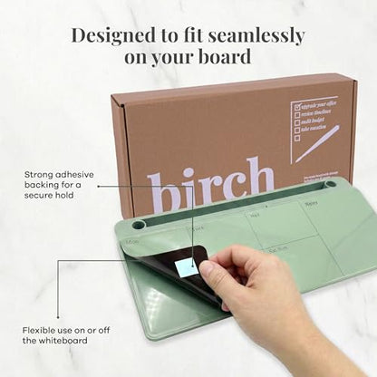 Birch Desktop Glass Whiteboard with Magnetic Weekly Calendar – Dry Erase Board, Keyboard Stand, Hidden Storage, Adjustable Dividers, 3 Markers & Eraser – Office, Home, School – Moss - style: Moss Gen2