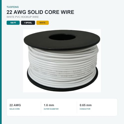 TUOFENG 22 AWG Solid Core Wire, White 100 ft, Breadboard Hookup Wire - size: 22 AWG Solid Wire - White - 100ft