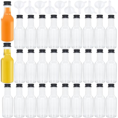 30 Pack 1.7oz Mini Liquor Bottles with Black Cap,Plastic Alcohol Bottles with 10 Funnels,Airtight Plastic Spirit Bottle for Weddings,Party Supplies - size: 30 Pack