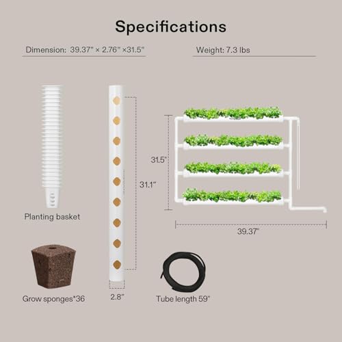 VIVOSUN Wall-Mounted Hydroponic Grow Kit, 1 Layers 36 Plant Sites 4 Food-Grade PVC-U Pipes Hydroponics Planting System with Water Pump, Pump Timer, Nest Basket and Sponge for Leafy Vegetables - size: 36(Wall mounted)