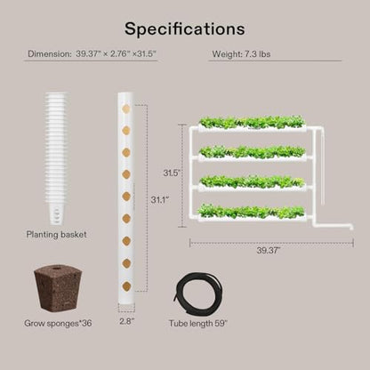 VIVOSUN Wall-Mounted Hydroponic Grow Kit, 1 Layers 36 Plant Sites 4 Food-Grade PVC-U Pipes Hydroponics Planting System with Water Pump, Pump Timer, Nest Basket and Sponge for Leafy Vegetables - size: 36(Wall mounted)