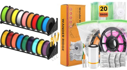 3D Printer Filament Storage Bundle – Vacuum Storage Bags Kit with Pump & Desiccants + Wall Mount Filament Rack Holds 18 Spools, Heavy Duty Pegboard Organizer for 3D Printer Accessories