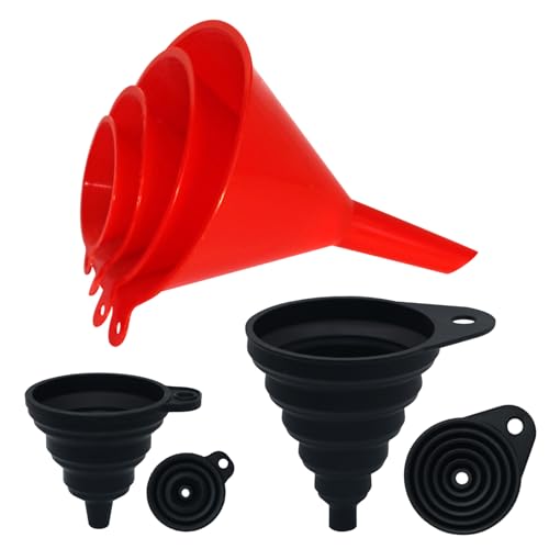 Kitchen Funnel Set 6 Pcs, 2 Collapsible Silicone Funnels for Filling Bottles, Canning，4 Plastic Kitchen Gadgets for Automotive Car Oil Change，Different Sizes Funnels for Kitchen RV Lab - color: Red & Black